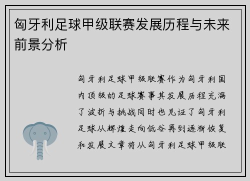 匈牙利足球甲级联赛发展历程与未来前景分析
