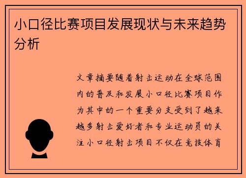 小口径比赛项目发展现状与未来趋势分析