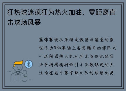 狂热球迷疯狂为热火加油，零距离直击球场风暴